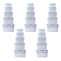 Kuber Industries 25 Pcs Food Containers|Storage Box for Fridge | Vegetable Fruit Boxes | Refrigerator Storage Box | Containers With Airtight Lid | Strainer Basket | HXP00290 | Transparent |Pack of 5