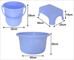 Kuber Industries 3 Pieces Plastic Bucket, Stool & Tub Set (Blue)
