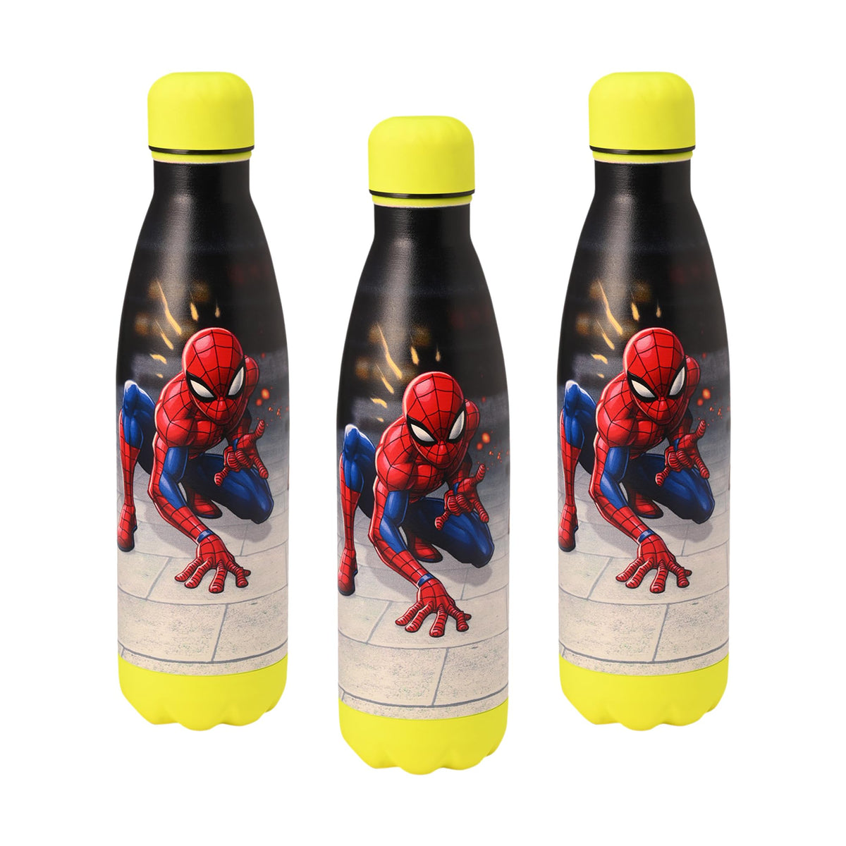 Kuber Industries 500 ml Water Bottle with 2 Lids | Marvel Spiderman | Stainless Steel Bottle for Travel-Gym & Sports | BPA-Free Insulated Sipper Bottle for Adults & Kids with Straw | Red | Pack of 3