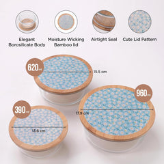 Kuber Industries Pack of 3 Borosilicate Glass Kitchen Containers with Bamboo Lid | 390ml 620ml 960ml | Airtight Round Fridge Storage Boxes |Kitchen accessories items | Dandy Daisies Print
