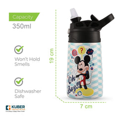 Kuber Industries 350 ml Insulated Water Bottle | Mickey Kids Water Bottle | Stainless Steel Kids Water Bottle | Water Bottle with Push-Button Flip Lid | Bottle For School | Sky Blue | Pack of 2
