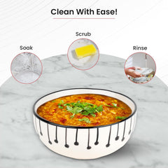 Kuber Industries Ceramic Food Bowl Set | Chini Mitti Bowl | Microwave, Dishwasher Safe Ceramic Bowl | Black Dots & Lining Print - White