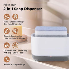 Urbane Home 2 in 1 Press Soap Dish for Kitchen with Sponger Holder | 300 ml | Hollow Design | Durable & Smooth Body | Soap Dispenser for Bathroom & Kitchen | Dishwashing Liquid Dispenser | White