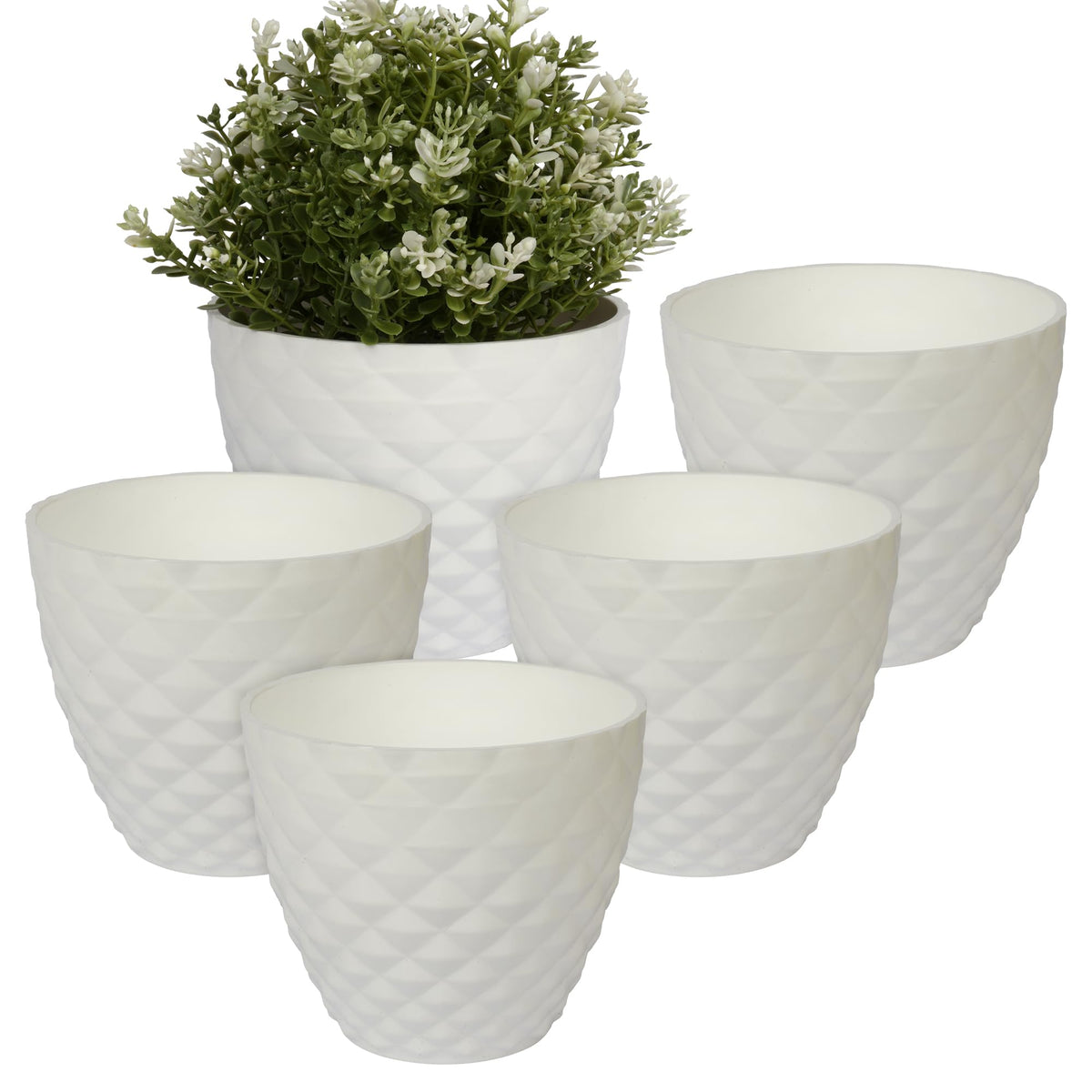Kuber Industries Flower Pot | Flower Planter Pots for Indoor | Flower Pots for Outdoor | Pot for Garden & Balcony Flowering | Flower Plants Pot | Diamond Flower Pot | 6 Inch | Pack of 5 | White