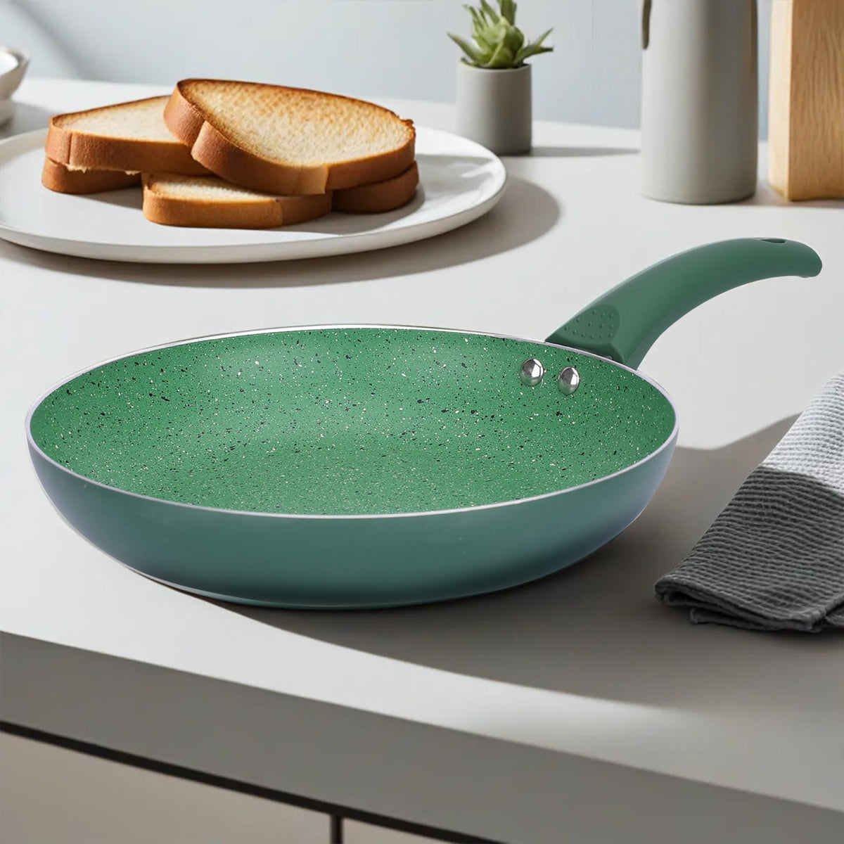 Heart Home Non-Stick Aluminum Frying Pan with Handle | Lightweight Induction Pan for Omelettes & Fish Cooking & Tadka | Scratch Resistent, Gas & Induction Compatible | Green