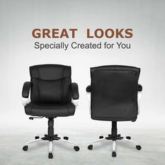 Kuber Industries Ergonomic Leather Office Chairs for Work From Home | Comes with Manual Height Adjustable, Armrest, Headrest & Lumbar Support | Comfy Study Chair for Students with Wheels | Black
