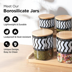 Kuber Industries Borosilicate Glass Containers with Bamboo Lid and Stand|Kitchen Organizer Items and Storage|Multipurpose Airtight Containers|7 Pieces Kitchen Containers Set (4 X 350ml, 3 X 850ml)
