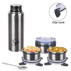 Heart Home Lunch Box Set | Lunch Box for Adult & Older Kids | 3 Containers & Bottle Lunch Box Set | Lunch Box for Office | Lunch Box for Collage | Clip Lock Lunch Set | Set of 6 | Blue