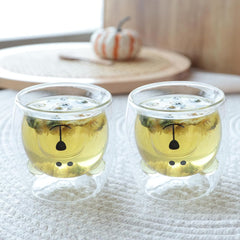 Urbane Home 2 Pcs Cute Teddy Bear Cups | Borosilicate Double Wall Glass Cups | Microwave Safe | Heat Resistant | Scratch Proof | 250 ML | Pack of 1 | Transparent