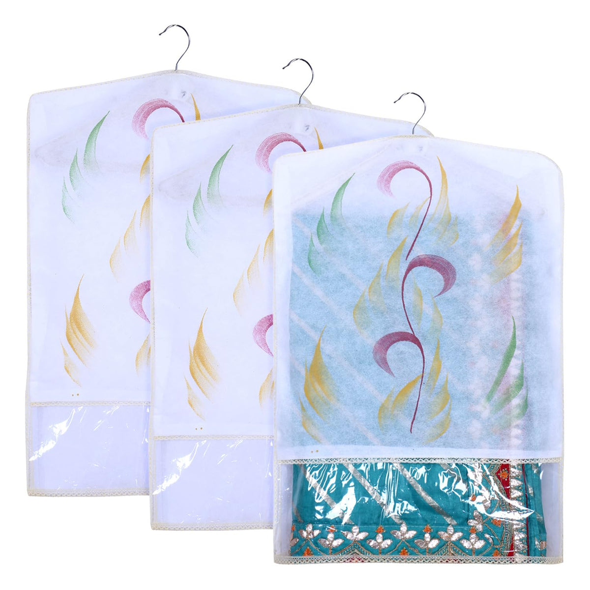 Kuber Industries Hanging Saree Cover | Brush Painting Pattern Saree Cover | Non-Woven Saree Covers for Home | Saree Cover with Small Transparent view | Pack of 3 | Yellow