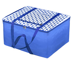 Heart Home Dot Printed Large Size Lightweight Foldable Rexine Jumbo Underbed Storage Bag With Zipper And Handle (Blue & White)