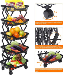 Kuber Industries 5-Layer Collapsible Kitchen Rack|Multipurpose Storage Basket|360-Degree Rotable Kitchen Trolley|Fruit Basket (Black)