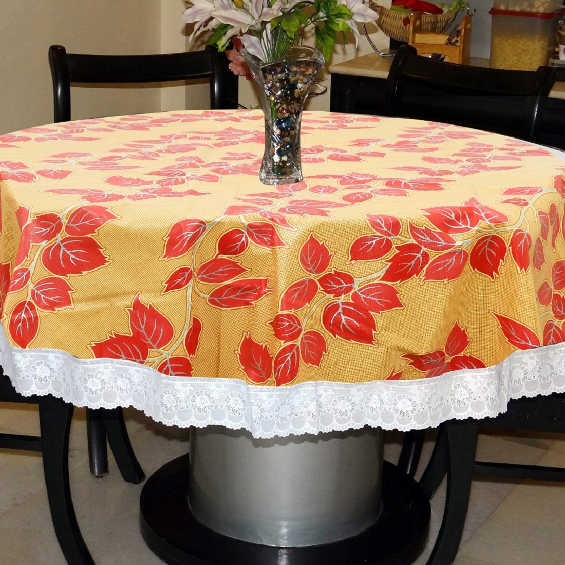 Heart Home Leaf Printed Waterproof Spillproof 72 Inch 6 Seater PVC Round Table Cover with Lace Border for Dining Room Kitchen Party (Gold)-HS43HEARTH26595