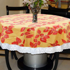 Heart Home Leaf Printed Waterproof Spillproof 72 Inch 6 Seater PVC Round Table Cover with Lace Border for Dining Room Kitchen Party (Gold)-HS43HEARTH26595