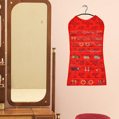 Kuber Industries Hanging Organizer | Non-Woven Flower Hanger | Jewellery Organizer | Double Sided Hanger | 27 Pockets & 14 Hook Hanger | Cosmetic Wall Hanging Organizer | Red