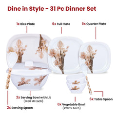 Kuber Industries 31 Pieces Square Unbreakable Microwave & Dishwasher Safe Melamine Dinnerware Kitchen Crockery Set | Glossy Dinner Sets & Kitchen Set for Home | White Rose - White