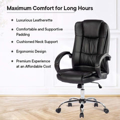 Kuber Industries Ergonomic Leather Office Chairs for Work From Home | Comes with Manual Height Adjustable, Armrest, Headrest & Lumbar Support | Comfy Study Chair for Students with Wheels | Black
