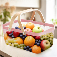 Heart Home Metal Mesh Basket for Storage with wooden handle | 720Gm | Fruit Basket & Vegetable Basket for Kitchen | Kitchen Organizer | Baskets for Organizing Home | Pink | Multipurpose |