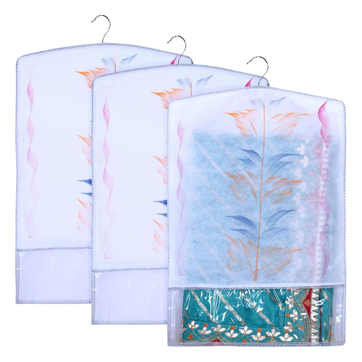 Heart Home Hanging Saree Cover | Brush Painting Pattern Saree Cover | Non-Woven Saree Covers for Home | Saree Cover with Small Transparent view | Pack of 3 | Gray