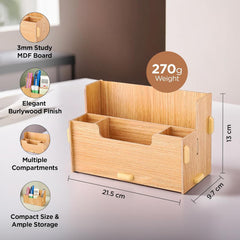 Urbane Home 4 Compartment Pen Stand for Office | MDF Wood Rack | Aesthetic Stationery Stand For Office Table Accessories | Burlywood | 21.1x9.7x13cm