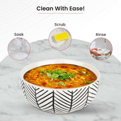 Kuber Industries Ceramic Food Bowl Set | Chini Mitti Bowl | Microwave, Dishwasher Safe Ceramic Bowl | Black Strips Print - White