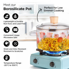 Kuber Industries Borosilicate Glass 1.45L Saucepan with Lid & Handle | Induction Pan Cookware | Handi for Cooking | Microwave Safe | Cooktop for Tea/Milk/Pasta/Noodles/Rice | Transparent-Flower Print