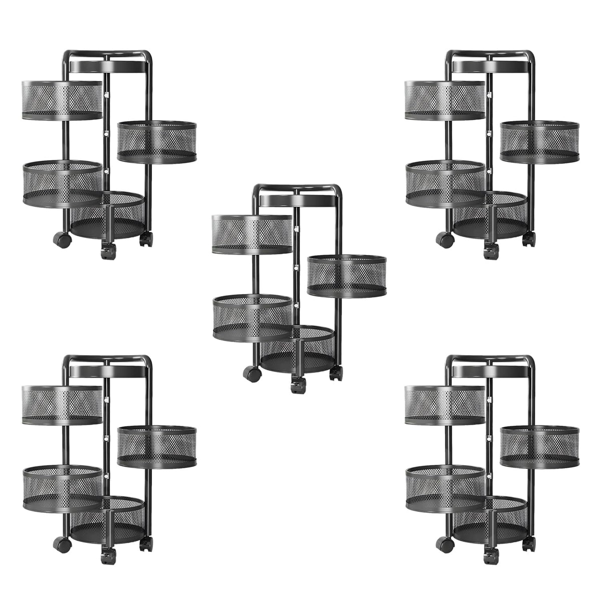 Kuber Industries 4-Layer Kitchen Trolley | 360° Rotating Storage Rack | Round Storage Rack with Wheels | Fruit and Vegetable Storage for Kitchen | Pack of 5 | (Black)