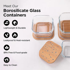 Heart Home Pack of 3 Borosilicate Glass Kitchen Containers with Bamboo Lid | 310ml 510ml 800ml | Airtight Square Fridge Storage Boxes | Glass Jars for Cereal, Dry Fruits | Happy Dance Print