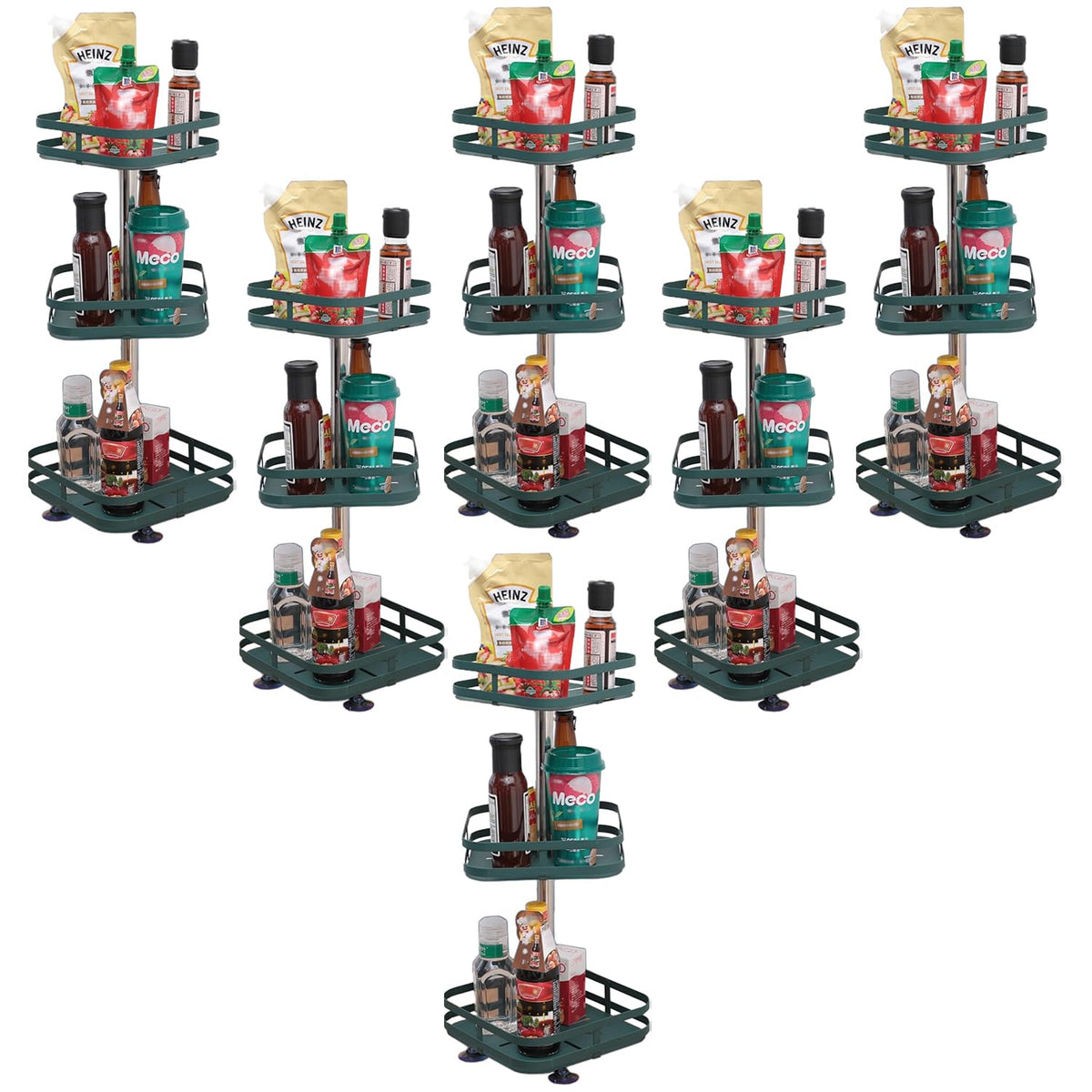 Kuber Industries 3-Layer Rotating Spice Rack|Square Shelf For Cabinet Countertop|360-Degree Rotable Kitchen Trolley|Fruit Basket Pack of 6 (Dark Green)