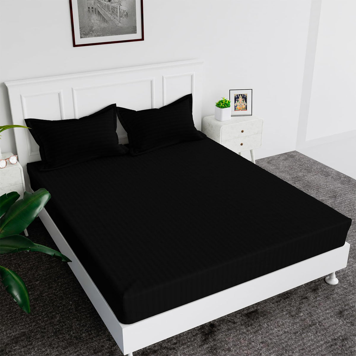 Kuber Industries Double Bedsheet with 2 Pillow Covers | 144 TC Glace Cotton Bedsheet | Satin Striped Bedsheet for Home | Hotel | Bedroom | 90x100 Inch | Black