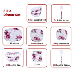 Kuber Industries 31 Pieces Square Unbreakable Microwave & Dishwasher Safe Melamine Dinnerware Kitchen Crockery Set | Glossy Dinner Sets & Kitchen Set for Home | Pink Floral - White