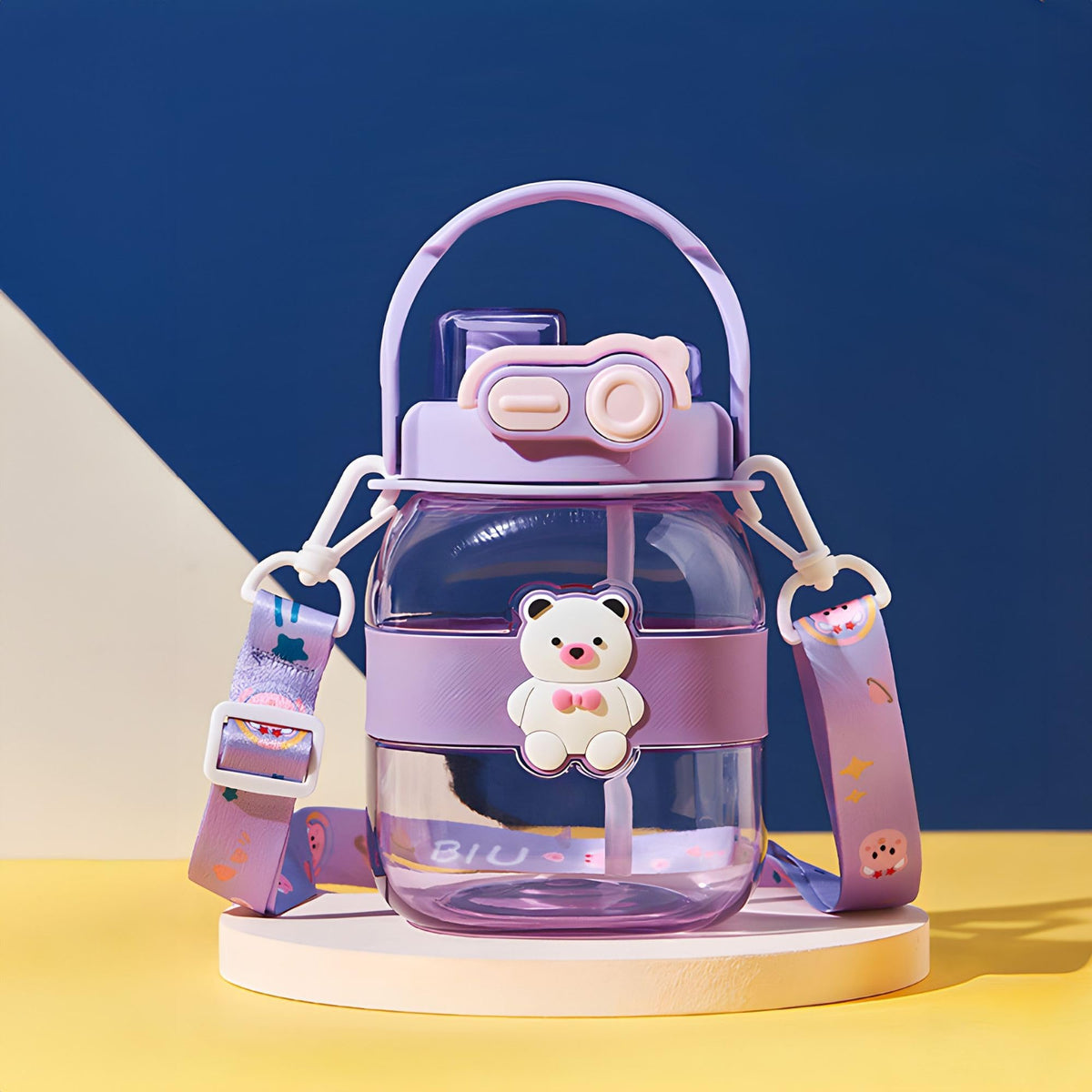 Kuber Industries Pack of 2 Kids Water Bottle With Straw |Cute Teddy Bear Sipper Water Bottle For Kids Boys Girls| Water Bottle with Locking Flip Lid | 1000 ML | Purple | SYZ-7728A
