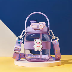 Kuber Industries Pack of 2 Kids Water Bottle With Straw |Cute Teddy Bear Sipper Water Bottle For Kids Boys Girls| Water Bottle with Locking Flip Lid | 1000 ML | Purple | SYZ-7728A