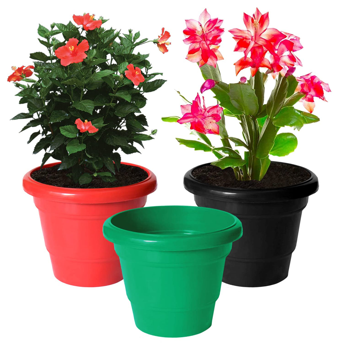 Kuber Industries Solid 2 Layered Plastic Flower Pot|Gamla for Home Decor,Nursery,Balcony,Garden,8"x 6",Pack of 3 (Green & Red & Black)