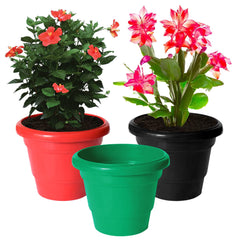 Kuber Industries Solid 2 Layered Plastic Flower Pot|Gamla for Home Decor,Nursery,Balcony,Garden,8"x 6",Pack of 3 (Green & Red & Black)
