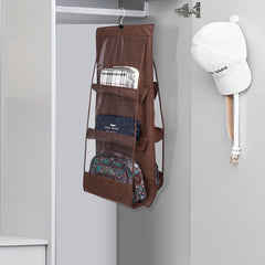Heart Home Hanging Organizer | Handbag Organizer | Hanging Purse for Wardrobe | Transparent Clutch Organizer | Handbag Storage For Closet | 6 Pocket Storage Hanger | Brown