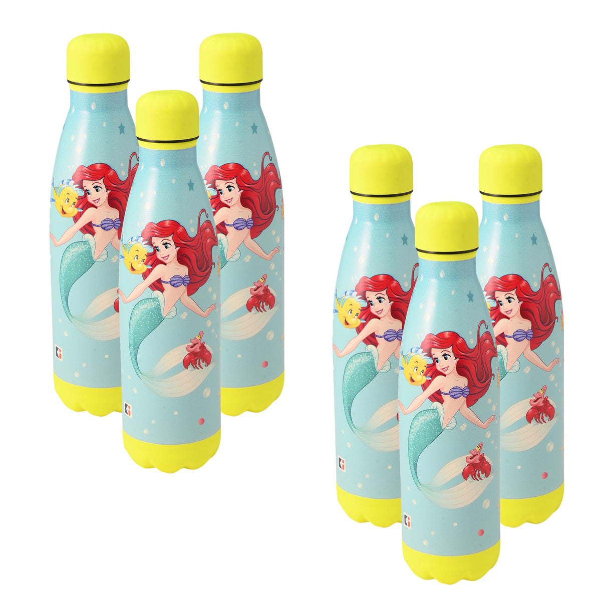 Kuber Industries 500 ml Water Bottle with 2 Lids | Disney Mermaid | Stainless Steel Bottle for Travel & Sports | BPA-Free Insulated Sipper Bottle for Adults & Kids with Straw | Sky Blue | Pack of 6