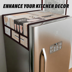 Heart Home Fridge Top Cover | Fridge Top Cover with Pockets | Refrigerator Cover for Kitchen | Reversable Fridge Top Cover with 6 Utility Pockets | Kettle-Design Fridge Cover | Brown