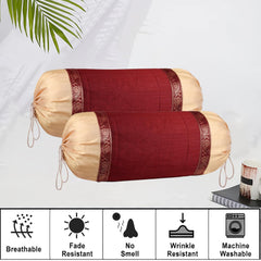 Heart Home Bolster Covers | Dupion Polyester Bolster Cover Set | Diwan Bolster Cover Set | Bolster Pillow Cover | Lace Design Masand Cover | 16x32 Inch | Pack of 4 | Maroon
