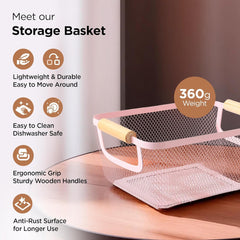 Urbane Home Metal Mesh Basket for storage with wooden handle | 360 gm | Fruit basket for kitchen | Kitchen Organizer | Baskets for organizing home & kitchen | Multipurpose | Pink