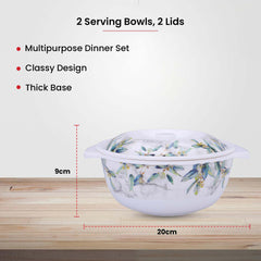 Heart Home Microwave Safe & BPA Free Melamine Serving Bowls with Lids Set of 2 | Heat Resistant & Unbreakable Rice Bowl for Serving, Mixing Bowls for Kitchen | Blue Marble Flower