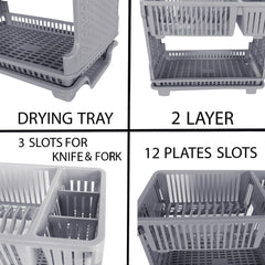 Heart Home Dish Drainer | Plastic Cutlery Holder | Drying Basket with Tray | Dish Drying Rack for Kitchen Utensils | Bartan Stand for Kitchen | Drying Tray | Gray