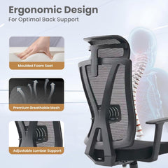 Kuber Industries Ergonomic Office Chairs for Work From Home | Comes with Manual Height Adjustable, Armrest, Headrest & Lumbar Support | Comfy Study Chair for Students with Wheels | Poise Black | 1556F
