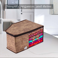 Heart Home Blouse Cover | Clothes Storage Bag | Zipper Wardrobe Organizers | Non-Woven Clothes Organiser | Side Transparent Blouse Organizer | Wooden Texture-Design | Pack of 9 | Brown