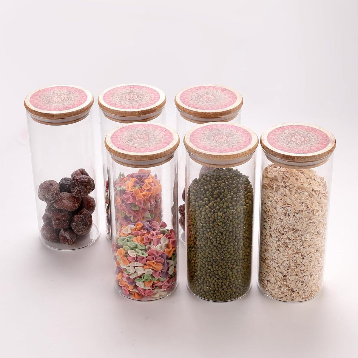 Urbane Home Borosilicate Glass Jar with Printed Bamboo Lid|Kitchen Organizer Items and Storage|Multi-utility, Leakproof, Airtight Storage Jar for Cookies,Snacks,Tea,Coffee,Sugar|Pack of 6(1000ml)