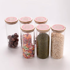 Urbane Home Borosilicate Glass Jar with Printed Bamboo Lid|Kitchen Organizer Items and Storage|Multi-utility, Leakproof, Airtight Storage Jar for Cookies,Snacks,Tea,Coffee,Sugar|Pack of 6(1000ml)