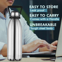 Kuber Industries 1500 ml Flask LeakProof Hot & Cold Stainless Steel Water Bottle with Handle | Shatterproof Insulated Thermos Water Bottle for Adults,Office & Home | Silver