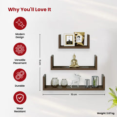 Heart Home Durable Wooden 3 Unit Wall Mount Wooden Wall Shelf for Bedroom & Living Room | Furniture Wall Rack Shelf for Decor | Ready to Assemble Hanging Shelves | Brown