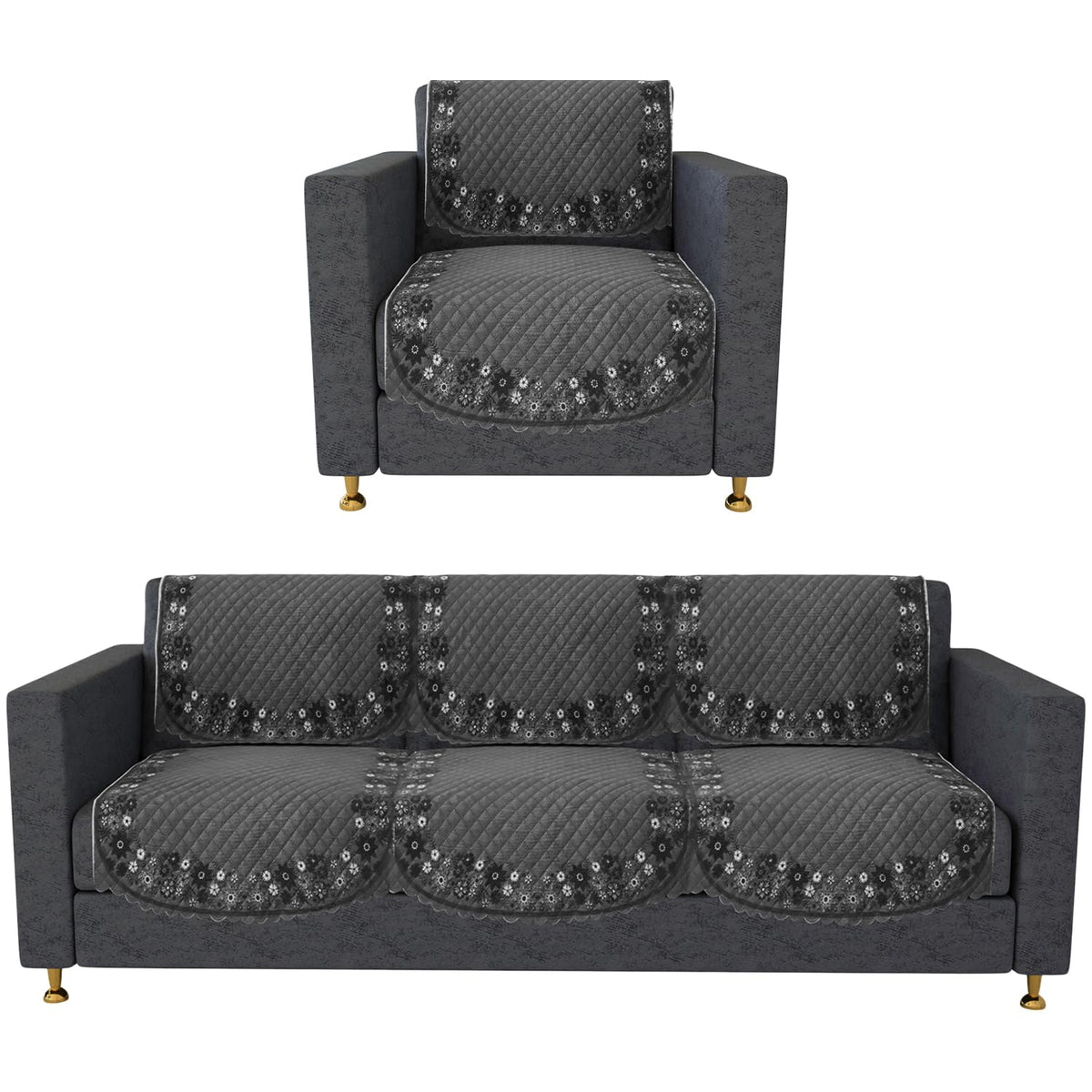 Heart Home Sofa Cover | 3+1 Seater Sofa Slip Cover Set | Digital Painting Sofa Cover | SUEDE Ultra Sonic Couch Cover | Sofa Slipcover Set Living Room | Gray