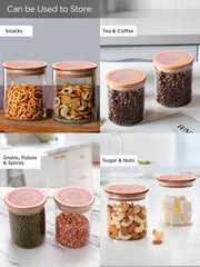 Homestic Borosilicate Glass Jar with Printed Bamboo Lid|Kitchen Organizer Items and Storage|Multi-utility, Leakproof, Airtight Storage Jar for Cookies,Snacks,Tea,Coffee,Sugar|Pack of 2(600ml)
